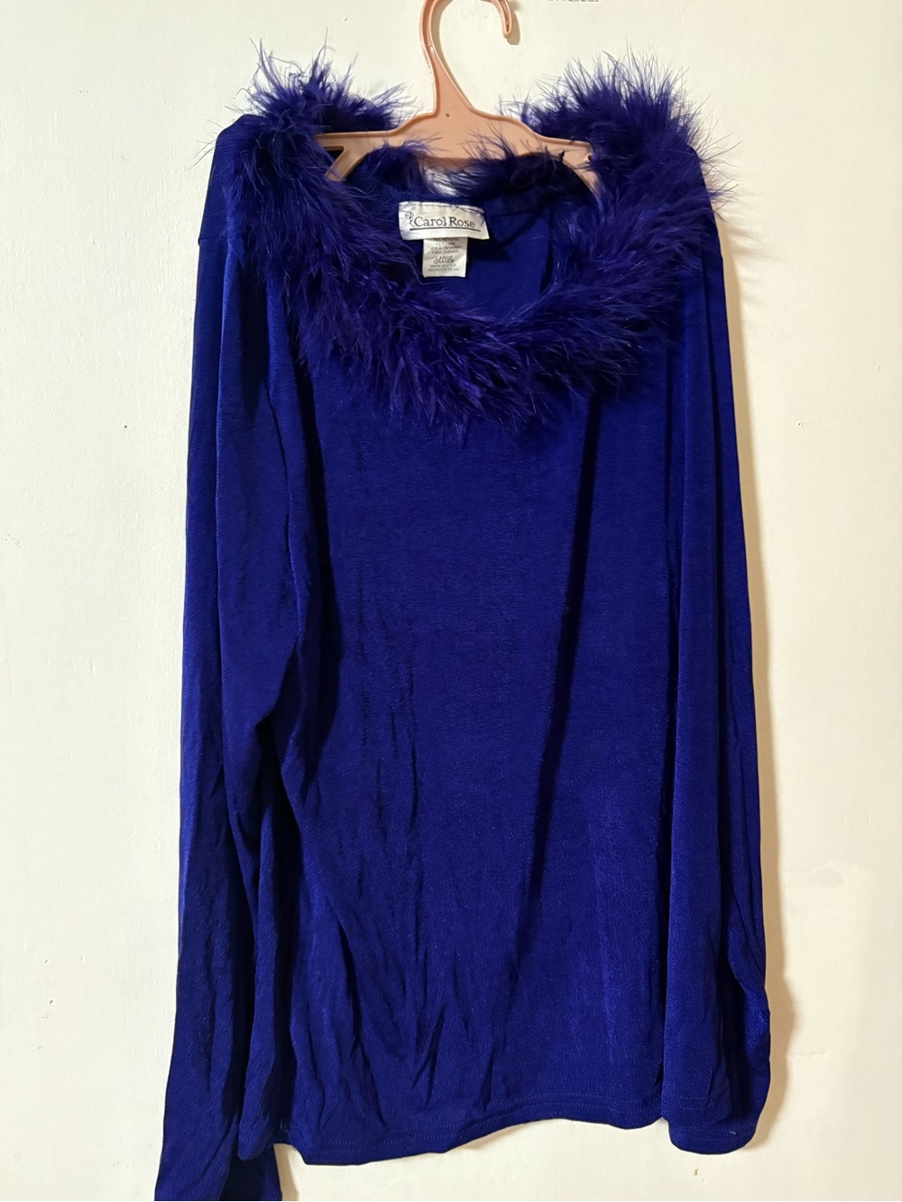 Carol Rose Deep Blue Feather-Trim Long Sleeve Top